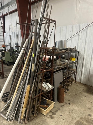 SHELF AND CONTENTS - LARGE ASSORTMENT OF METAL SALVAGE AND STOCK METAL SCRAP