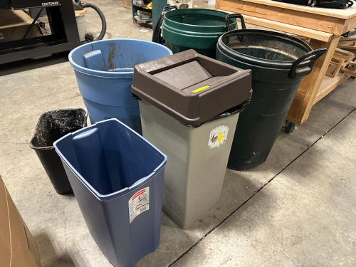 (6) ASSORTED PLASTIC TRASH CANS AND OFFICE CANS.