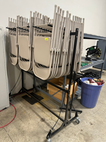 ROLLING METAL CHAIR CART W/ CONTENTS - 40+ METAL FOLDING CHAIRS