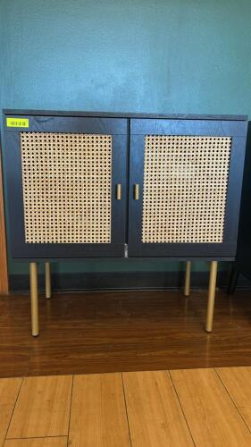 MID CENTURY STYLE BLACK CABINET ON LEGS WITH 2 DOORS AND 4 INTERIOR SHELVES