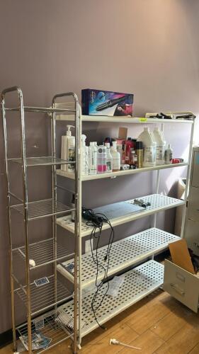 48" X 14" FOUR TIER METAL DISPLAY SHELF AND (1) 12" X 12" CHROME WIRE DISPLAY SHELF.