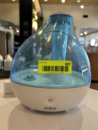 PURE ENRICHMENT ULTRASONIC COOL MIST HUMIDIFIER WITH BLUE WATER TANK AND SINGLE BUTTON CONTROL. COUNTERTOP ELECTRIC MODEL