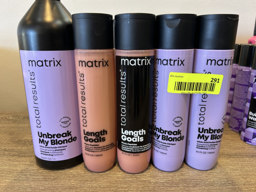 (8) ASSORTED MATRIX TOTAL RESULTS HAIR CARE PRODUCTS INCLUDING UNBREAK MY BLONDE STRENGTHENING SHAMPOO (1 LITER AND 10.1 OZ BOTTLES) AND LENGTH GOALS SHAMPOO AND CONDITIONER
