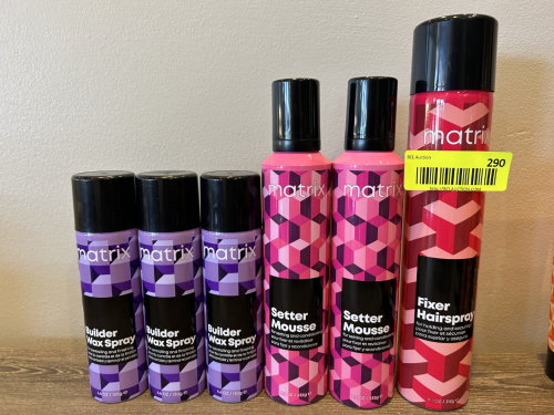 (6) ASSORTED MATRIX STYLING PRODUCTS INCLUDING BUILDER WAX SPRAY (4.6 OZ), SETTER MOUSSE (8.2 OZ), AND FIXER HAIRSPRAY (11 OZ). PROFESSIONAL SALON PRODUCTS.