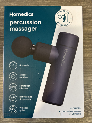 HOMEDICS PERCUSSION MASSAGER WITH 4 SPEED SETTINGS, 3 HOUR RUNTIME, AND USB CABLE. POWERFUL AND PORTABLE DESIGN.