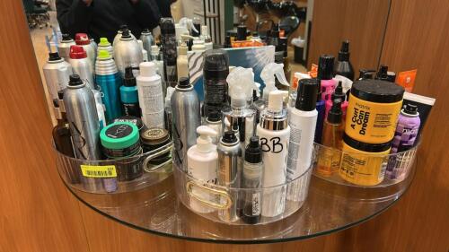 (3) LAZY SUSANS WITH USED HAIR STYLING PRODUCTS