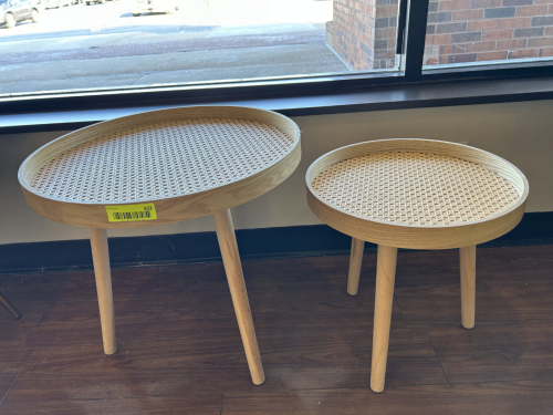 (2) SMALL ROUND WOODEN AND WICKER END TABLES.