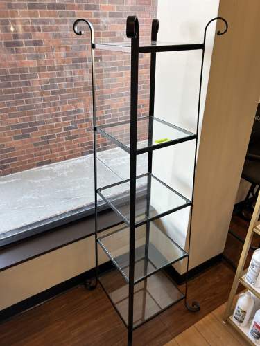64" X 12" X 12" FOUR TIER METAL AND GLASS DISPLAY SHELF.