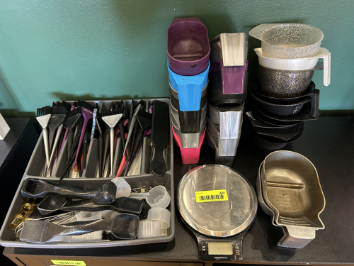 (1) LOT OF ASSORTED HAIR COLORING SUPPLIES, AND COLOR SCALE