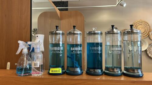 (5) JARS OF BARBICIDE AND SPRAY BOTTLES