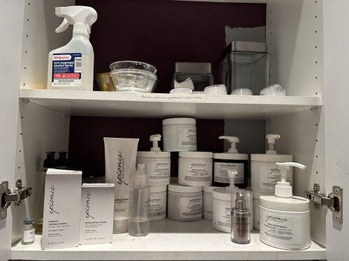 LOT OF USED ASSORTMENT OF AESTHETICIAN PRODUCTS AND TOOLS, CONTENTS OF TWO CABINETS AND TWO DRAWERS