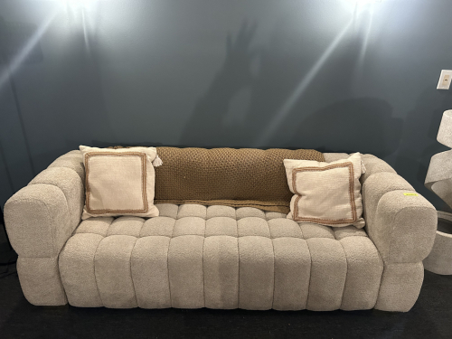 CREAM BOUCLE FABRIC WITH WAFFLE TUFTED CUSHIONING COUCH