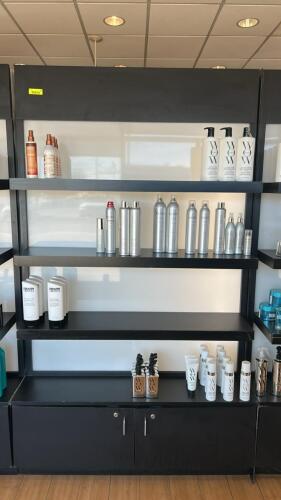 2 SECTIONS OF LIGHTED RETAIL SHELVING WITH 4 SHELVES AND BOTTOM COVERED STORAGE