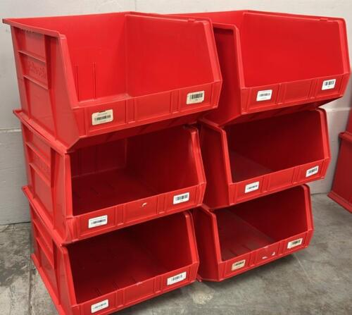 (6) RED AKRO STACKABLE PLASTIC BINS