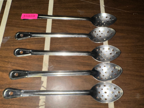 (5) SLOTTED STAINLESS SERVING SPOONS.