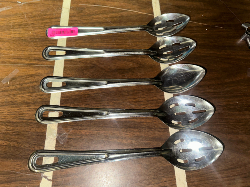 (5) SLOTTED STAINLESS SERVING SPOONS.