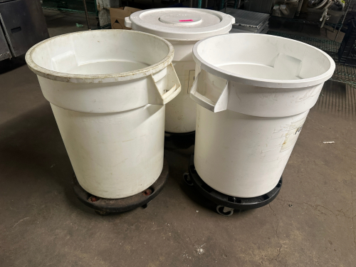 (3) 30 GALLON PLASTIC INGREDIENTS CANS ON DOLLYS.