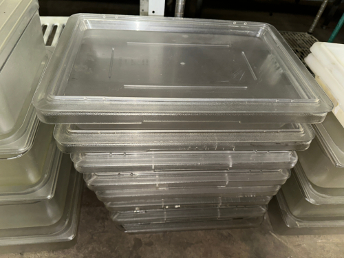 (6) 5 GALLON PLASTIC SALAD CONTAINERS W/ LIDS.
