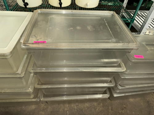 (4) 13 GALLON PLASTIC SALAD CONTAINERS W/ LIDS.
