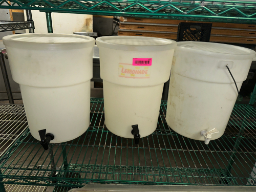 (3) 20 QT PLASTIC CONTAINERS W/ NOZZLES.