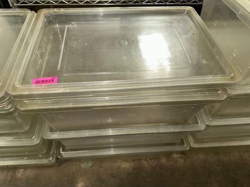 (3) 13 GALLON PLASTIC SALAD CONTAINERS W/ LIDS.