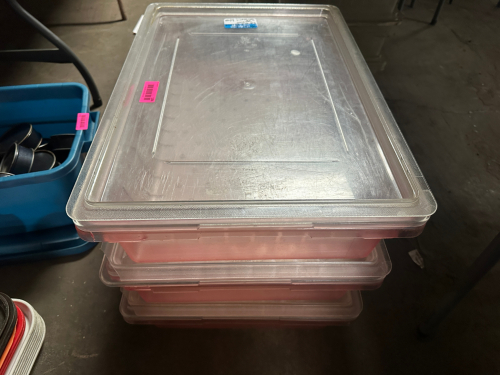 (3) 8 GALLON PLASTIC SALAD CONTAINERS W/ LIDS.