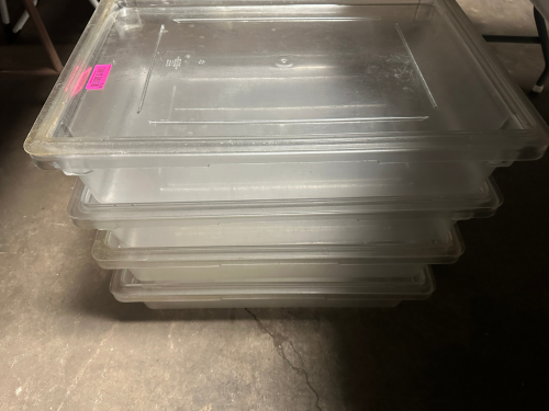(4) 8 GALLON PLASTIC SALAD CONTAINERS W/ LIDS.