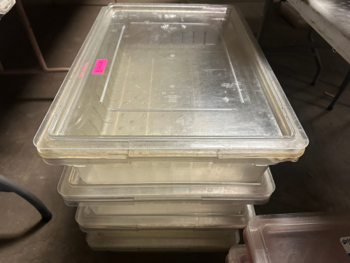 (4) 8 GALLON PLASTIC SALAD CONTAINERS W/ LIDS.