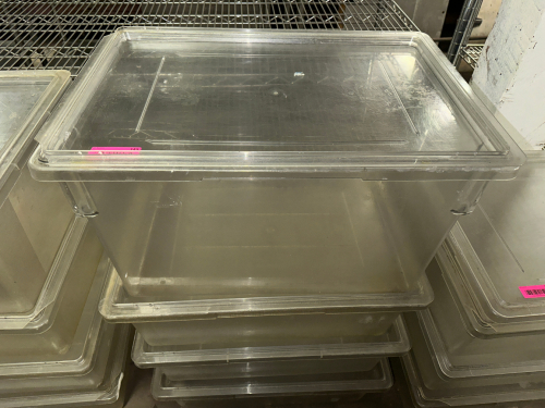 (3) 13 GALLON PLASTIC SALAD CONTAINERS W/ LIDS.