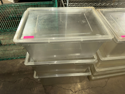 (3) 13 GALLON PLASTIC SALAD CONTAINERS W/ LIDS.