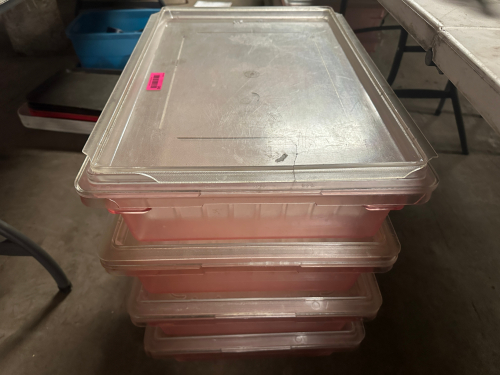 (4) 8 GALLON PLASTIC SALAD CONTAINERS W/ LIDS.