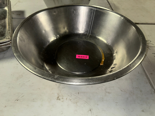 2-" STAINLESS STEEL MIXING BOWL WITH SIDE HANDLES.
