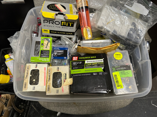 PLASTIC TOTE AND CONTENTS - ASSORTED HARDWARE.