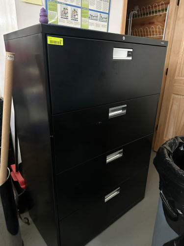 48" FOUR DRAWER BLACK LATERAL FILE CABINET.