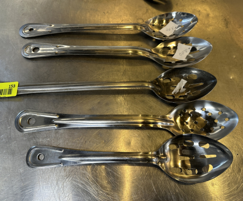 (5) STAINLESS SLOTTED SERVING SPOONS.
