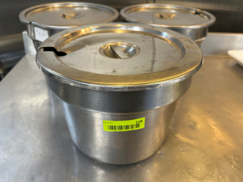 (3) 11" STAINLESS ROUND CROCKS W/ LIDS.