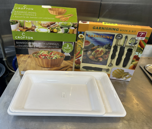 BAMBOO BOWL SET, GARNISHING SET, AND (2) PLASTIC PLATTERS.