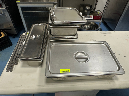 (1) LOT OF ASSORTED STAINLESS INSERTS AND LIDS.