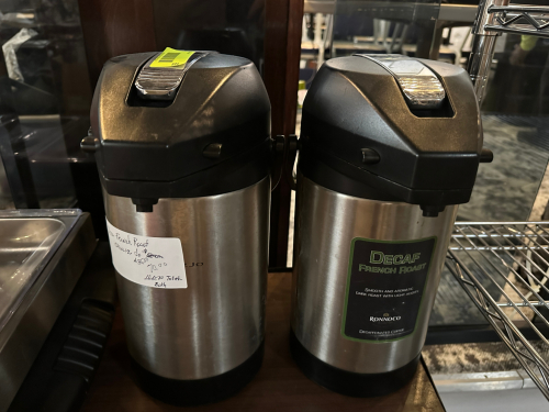 (2) INSULATED STAINLESS DECANTERS W/ PUSH TOPS/