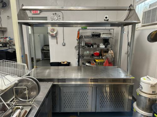 8' X 3' STAINLESS COUNTER / CABINET W/ RISER RACK.