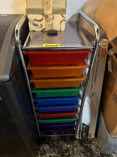 ROLL ABOUT METAL ORGANIZER W/ PLASTIC PULL OUT DRAWERS