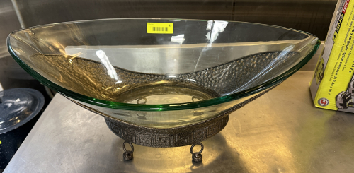 20" OVAL SHAPED GLASS SERVING BOWL WITH METAL BASE.