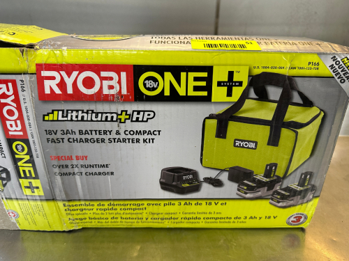 RYOBI ONE 18 VOLT BATTERY AND CHARGER STARTER KIT.