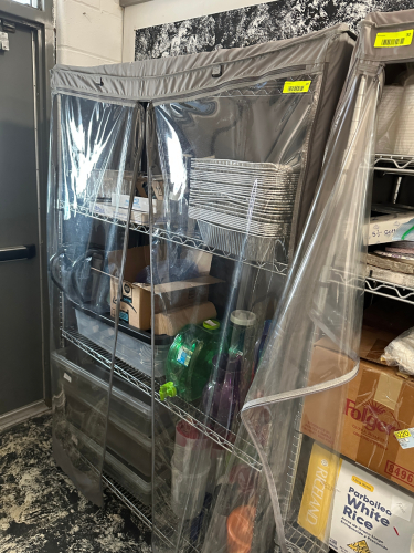 48" X 14" FIVE TIER WIRE SHELF W/ PLASTIC COVER.