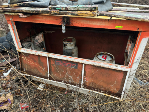 METAL PROPANE STORAGE CONTAINER W/ (3) EMPTY TANKS.
