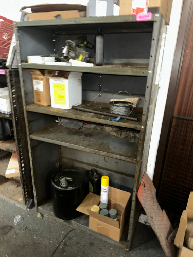 SHELF AND CONTENTS - ASSORTED HARDWARE, TOOLING, AND PARTS.