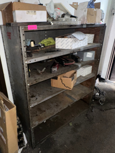 SHELF AND CONTENTS - ASSORTED HARDWARE, TOOLING, AND PARTS.