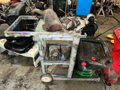 PLASTIC CART AND CONTENTS - OIL PANS AND MISC.