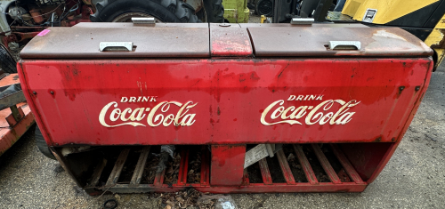 VINTAGE COCA-COLA METAL BOTTLE COOLER WITH ORIGINAL PAINT AND CLASSIC DRINK COCA-COLA SCRIPT LOGOS.