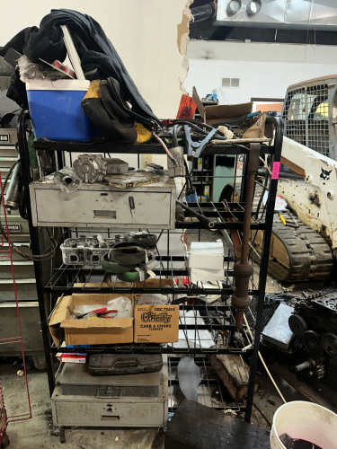 SHELF AND CONTENTS - ASSORTED HARDWARE, TOOLING, AND PARTS.